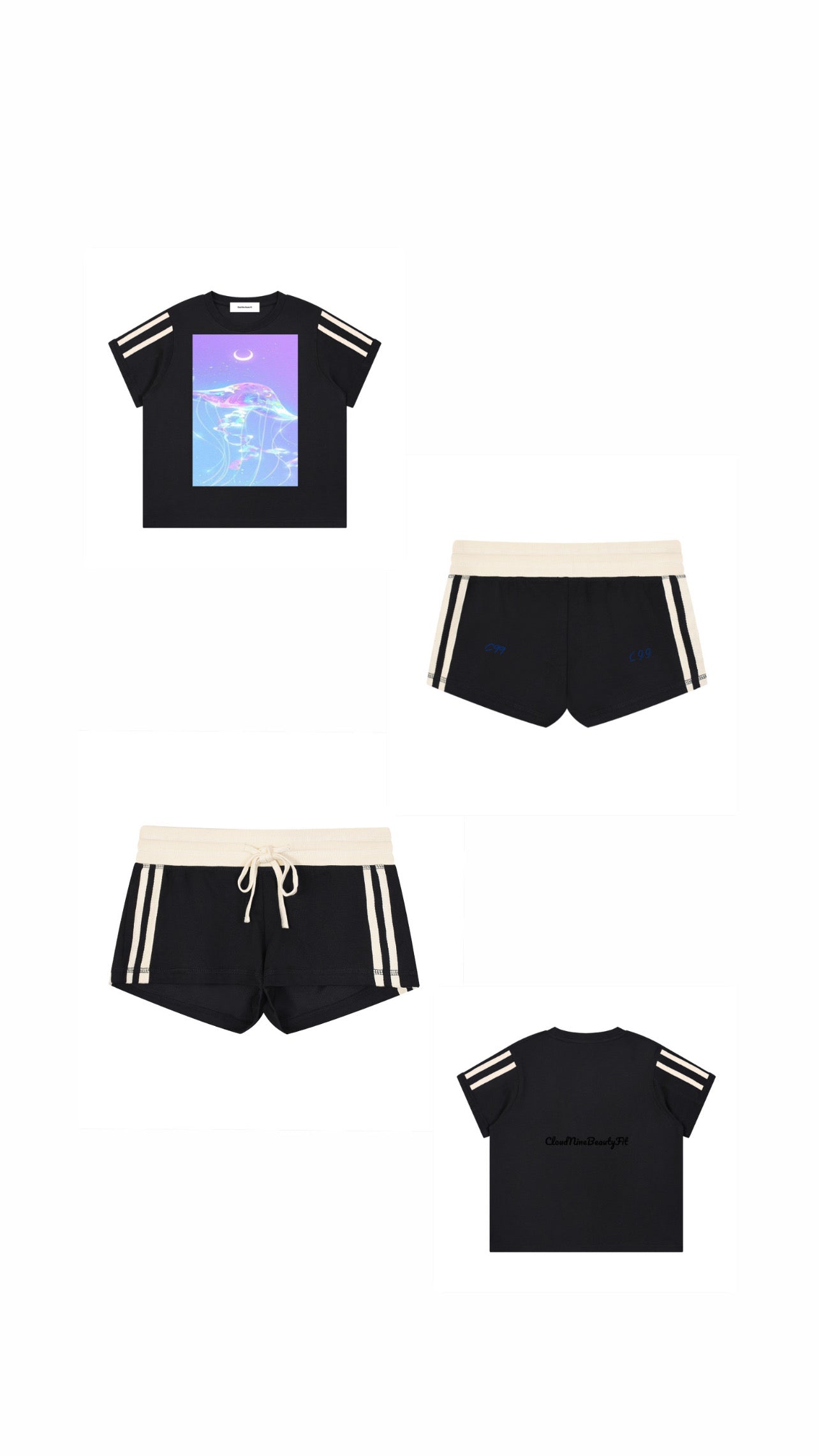 Black/White Cloud Nine Varsity Lounge Set (Stripe Tee + Track Shorts)